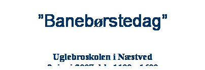 Tekstboks: ”Banebørstedag”

Uglebroskolen i Næstved
9. juni 2007  kl . 1100 - 1600
