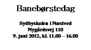 Tekstboks: Banebrstedag

Sydbyskolen i Nstved
Nygrdsvej 110
9. juni 2012, kl. 11.00  16.00
